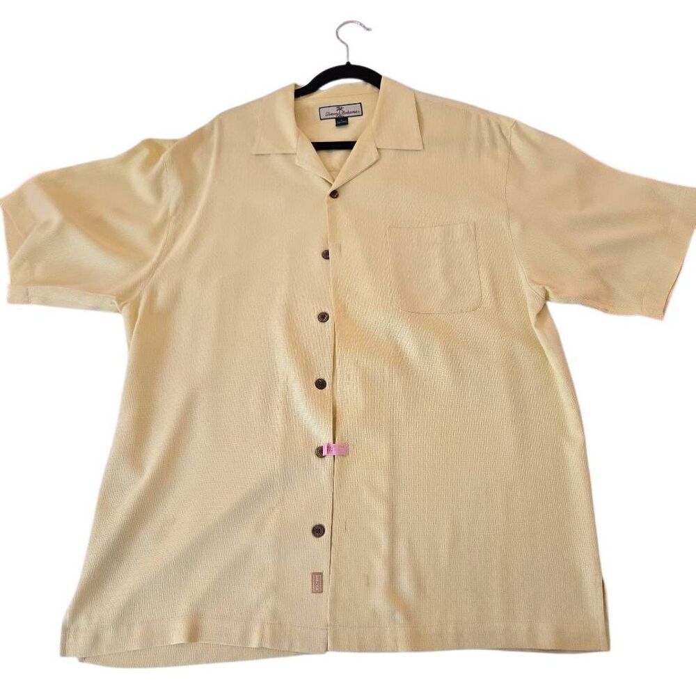 Tommy Bahama Mens Jacquard 100% Silk Button Up Tropical Shirt Pale Yellow Medium